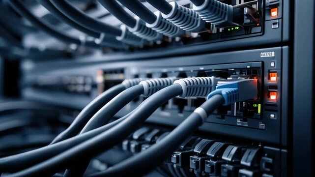 Close-up of network cables connected to a server.