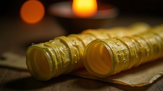 The Glistening Weave: An 8K hyper-realistic macro study of wet janur leaf ketupat.