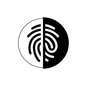 A black and white vector graphic illustration of a fingerprint divided in half, symbolizing identity and duality