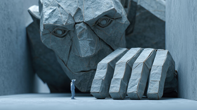 Architectural oppression crushes employee under concrete workplace hierarchy