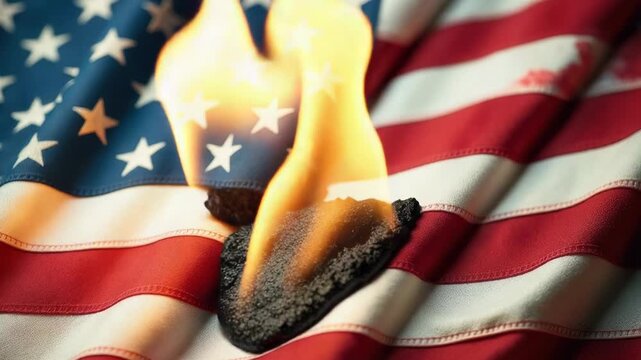 Video A close-up shot of an American flag with flames engulfing it, conveying patriotism and freedom