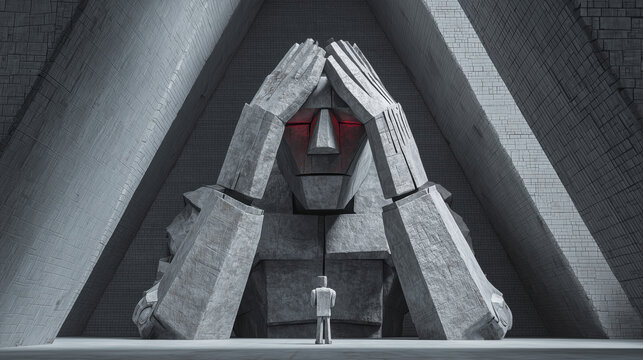 Bureaucratic monument crushes powerless employee under concrete policy