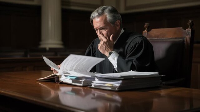 Experienced judge black robe reviewing court documents wood paneled courtroom desk with legal documents dramatic courtroom light