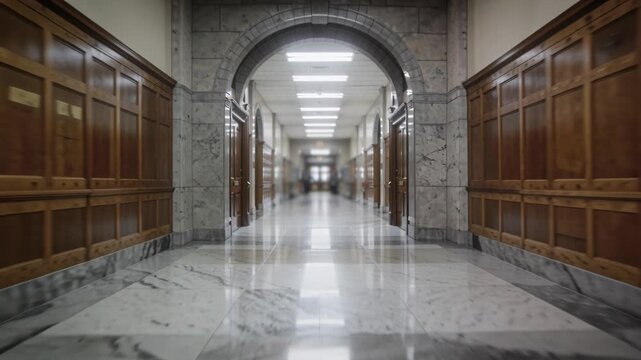 Marble corridor and hallway with wood door and arch, tile and polished floor, longevity lifestyle interior symmetry and soft