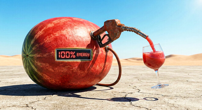 Surreal Food Energy & Power Concepts: Pineapple Grenade, Orange Shield, Vegetable Engine, and Watermelon Biofuel