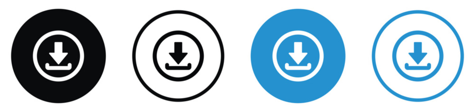 Universal download icons with downward arrow in circular borders. Essential for file sharing platforms, website navigation, software installation buttons, and digital content management.