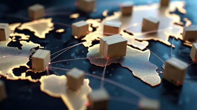 Shipping boxes on a world map global delivery