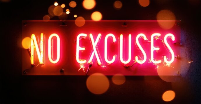 Bright neon sign displays no excuses. Red glow contrasts dark background. Bokeh effect adds soft light, motivational message.