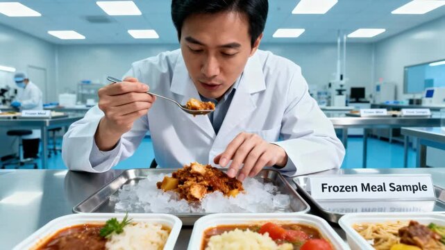 Quality control expert examines frozen meal samples in a sensory lab assessing texture and taste to maintain optimal frozen food experience.