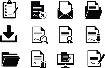 Minimal black document and file management icon set with office paperwork email folder workflow symbols isolated on white background