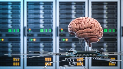 Brain connected to circuit board in server room