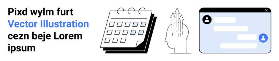 Fototapeta premium Planning, technology, communication, digital interaction, scheduling, human innovation. A calendar, digital head and chat window how planning and communication integrate with technology. Technology