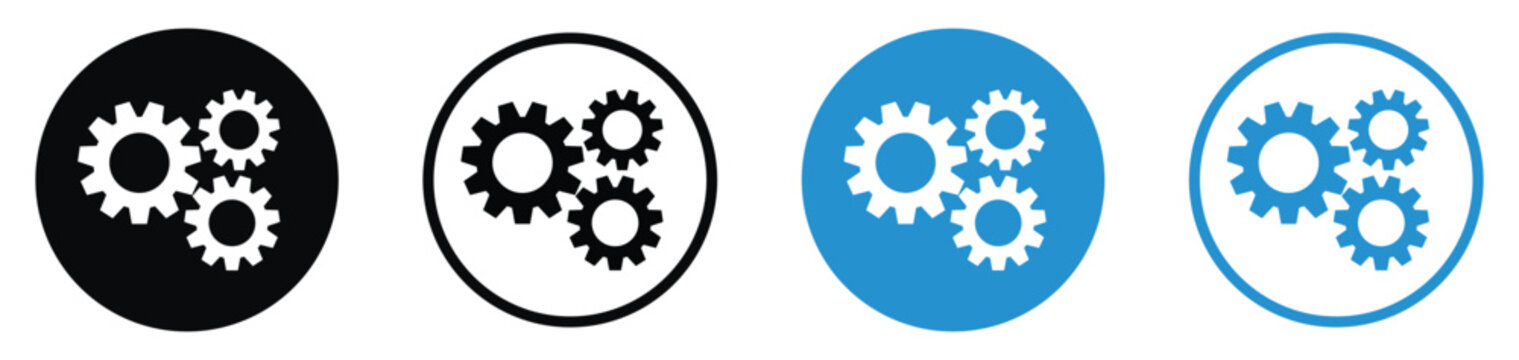 Three interlocking gear icons in multiple circular formats. Great for representing teamwork, complex mechanical systems, industrial processes, technical engineering, and business logic.