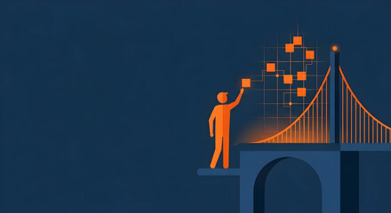 デジタルリテラシーとITスキルの習得を象徴する架け橋のイラスト。DX人材育成のコンセプト、広い余白。