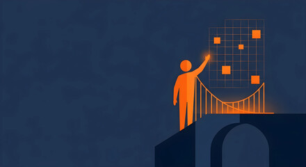 デジタルリテラシーとITスキルの習得を象徴する架け橋のイラスト。DX人材育成のコンセプト、広い余白。