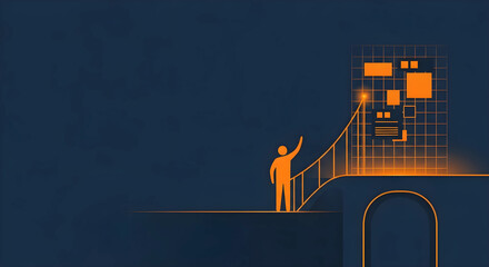 デジタルリテラシーとITスキルの習得を象徴する架け橋のイラスト。DX人材育成のコンセプト、広い余白。