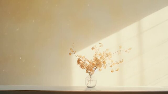 Dried flower branches arranged in a clear glass vase, creating a minimal and simple aesthetic, illuminated by warm sunlight casting a soft shadow pattern on the beige background wall