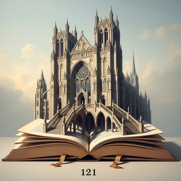 Gothic cathedral emerges from open book pages in sky background