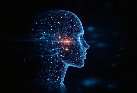 A digital human head profile composed of glowing network connections, representing artificial intelligence and consciousness.