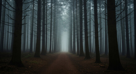 Mystical Path: A winding pathway leads into the heart of a misty, enchanting forest, enveloped by towering trees.