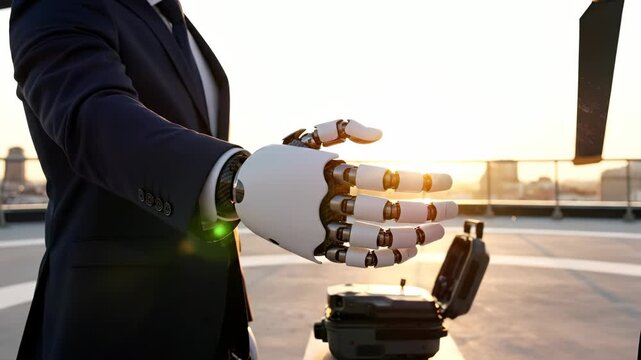 Businessman with robotic prosthetic arm extends hand over briefcase at sunset. Person with bionic hand reaches toward briefcase. Prosthetic arm with briefcase visible. Business with robotic prosthetic