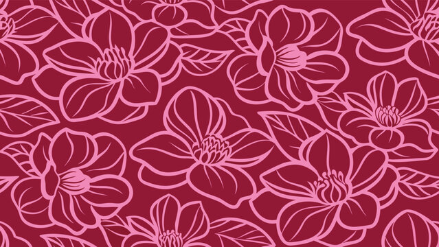 Elegant floral pattern with pink magnolias on deep red