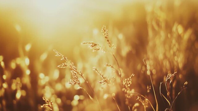 Dried grass spikes catching the radiant glow of a warm golden sun, creating a soft focus bokeh effect and a tranquil, peaceful atmosphere in a summer meadow