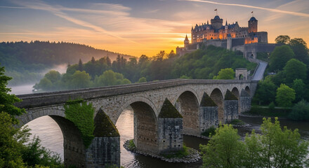 Ancient Fortress at Sunset: An ancient fortress stands proudly atop a hill, with an old bridge spanning the river below, bathed in the warm hues of the setting sun.