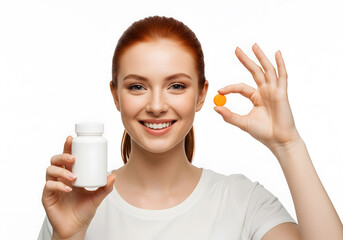 Smiling Woman Holding White Vitamin Bottle and Orange Supplement Pill
