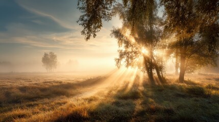 Fototapeta premium Sunrise in a serene countryside landscape with tall grass and trees bathed in golden sunlight