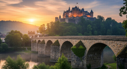 Medieval Fortress under Sunset: A stunning shot captures a historic fortress perched majestically atop a lush hill, embraced by a captivating sunset over a stone bridge.