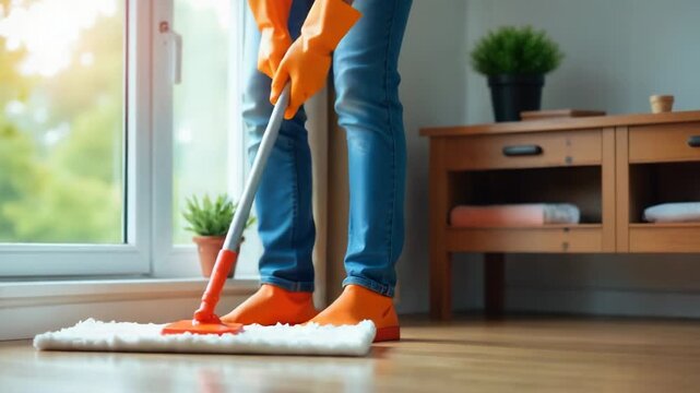 Video A person wearing orange rubber boots cleans the floor with a mop, getting the job done efficiently