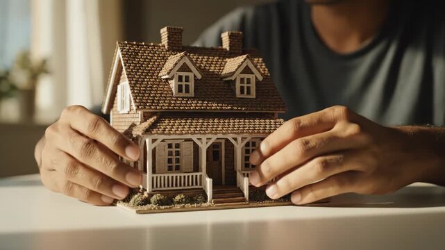 Miniature house model on a white table with a person in the background
