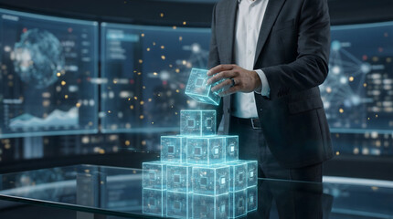 Digital Transformation and Blockchain Concept with Glowing Cubes