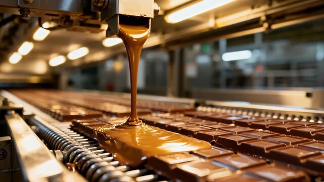 Medium shot of milk chocolate flowing smoothly into bar molds on a highspeed factory line highlighting the glossy texture and precise pouring process.