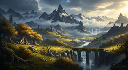 Enchanted Valley: A mystical panorama unfolds, showcasing a breathtaking valley cradled by towering peaks, where a stone bridge gracefully spans a river that meanders through a landscape.