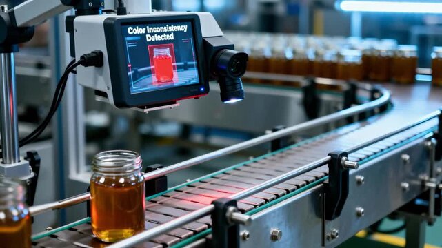 Medium shot of an AIpowered inspection camera scanning jars on a conveyor highlighting color inconsistencies to ensure product quality in a modern factory setting.