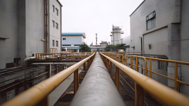 A long metal pipe runs through an industrial complex between buildings under a cloudy sky