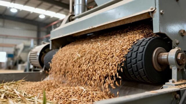 Medium shot of paddy grains entering a rubber roll sheller for efficient single pass dehusking highlighting the separation of brown rice from husks against an industrial backdrop.