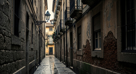 Alleyway Serenity: A narrow, historic alley, with aged stone buildings and a street lamp, invites one to journey through time. The interplay of light and shadow, the aged textures.
