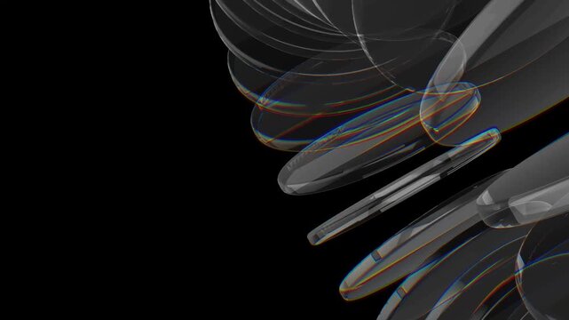 Modern futuristic glass 3D shapes with dynamic light holographic refraction on black background. Loop animation