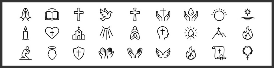 Faith Line Editable Icons set. Vector illustration in modern thin style of religion related icons: prayer, God, saint spirit, and more. Isolated on white background
