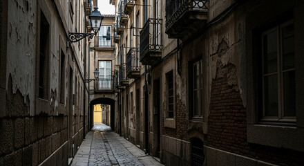 Street Through Time: A charming historical street showcases architectural depth with old buildings, archways, and a unique atmosphere. A sense of time is captured.