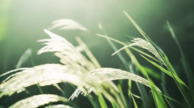 Green grass stalks with feathery white blooms swaying softly, catching golden morning sunlight, creating a tranquil and natural scene with a dreamy bokeh background