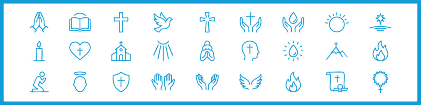 Faith Line Editable Icons set. Vector illustration in modern thin style of religion related icons: prayer, God, saint spirit, and more. Isolated on white background
