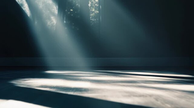 Sunlight streams through a window, casting bright rays and long shadows over an empty wooden floor, illuminating dust motes and evoking calm, hope, and new beginnings