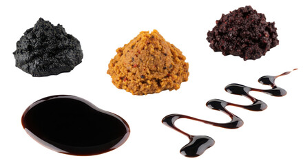 Various textures and forms of molasses and syrup on transparent background