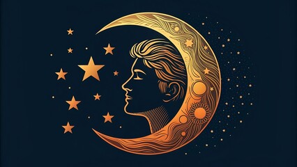 Fototapeta premium Golden crescent moon with a woman s face and starry night sky