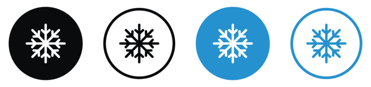 Simple snowflake icon set in four styles: solid black, outlined, solid blue, and blue outline. Perfect for winter weather, cooling systems, refrigeration, or holiday design elements.