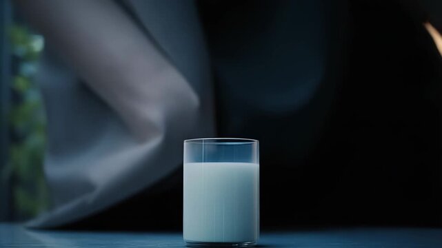 Glass of milk on a reflective surface capturing soft morning light, representing concepts of daily nutrition, breakfast, health, and purity in a bright, clean indoor setting